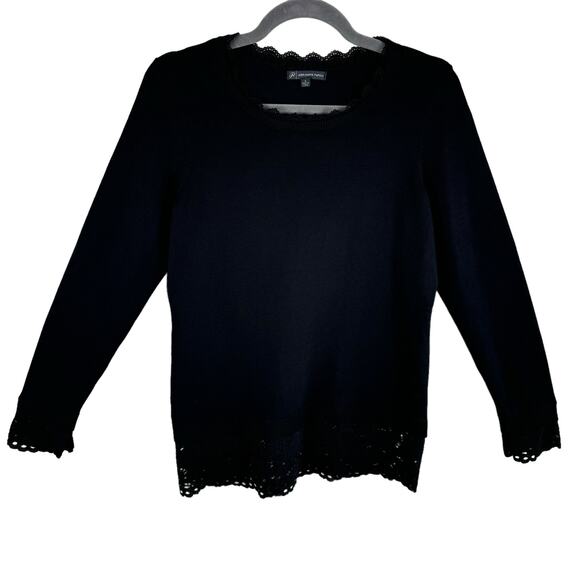 Adrianna Papell Black Long Sleeve Lace Trim Lightweight Tight Knit Sweater Sz S - Picture 1 of 6
